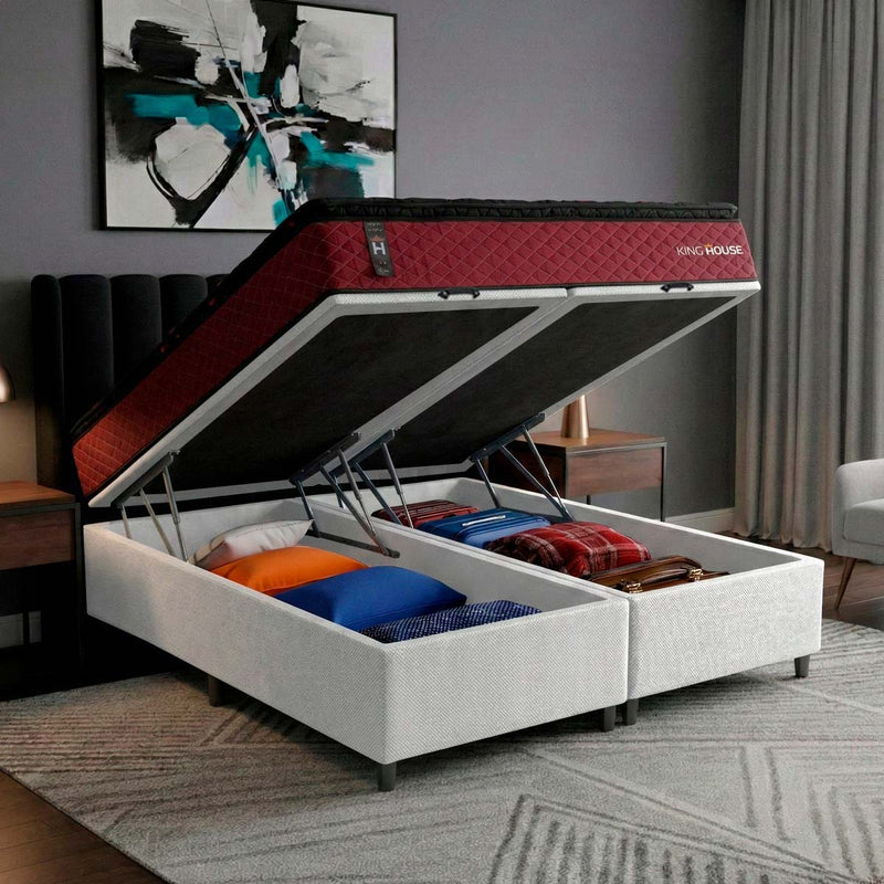 Cama Box Baú Toronto c/ Molas Ensacadas 158x198 Vermelho e Branco Espuma D26 Suporta 110 kg