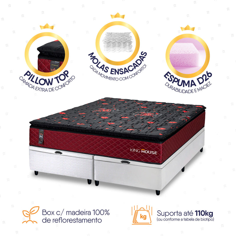 Cama Box Baú Toronto c/ Molas Ensacadas 158x198 Vermelho e Branco Espuma D26 Suporta 110 kg