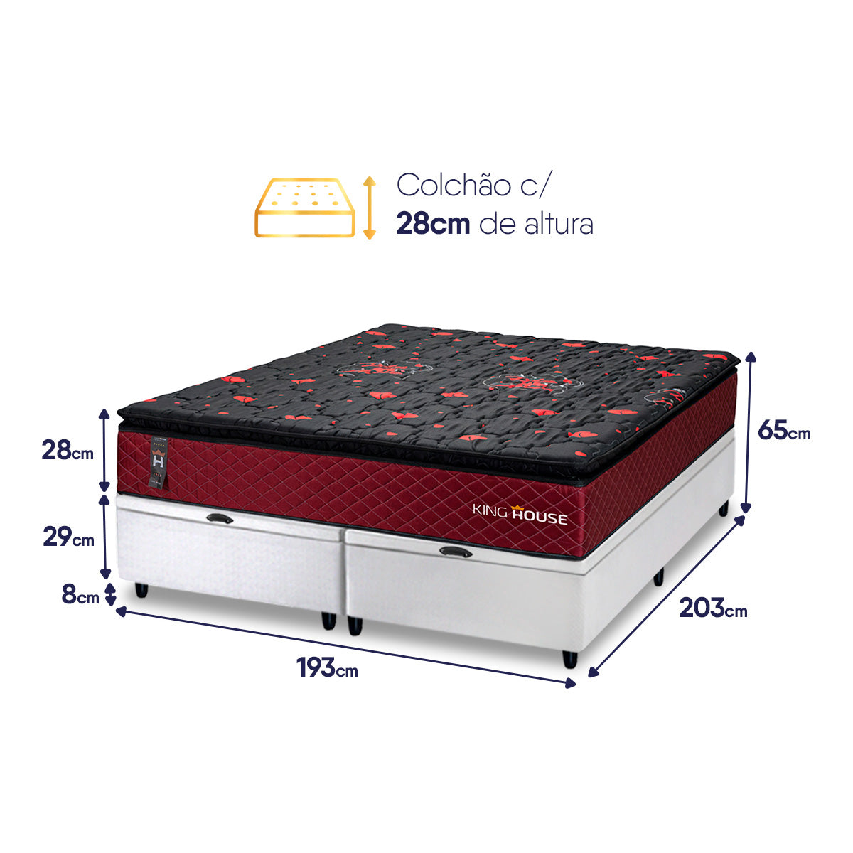 Cama Box Baú Toronto c/ Molas Ensacadas 193x203 Vermelho e Branco Espuma D26 Suporta 110 kg