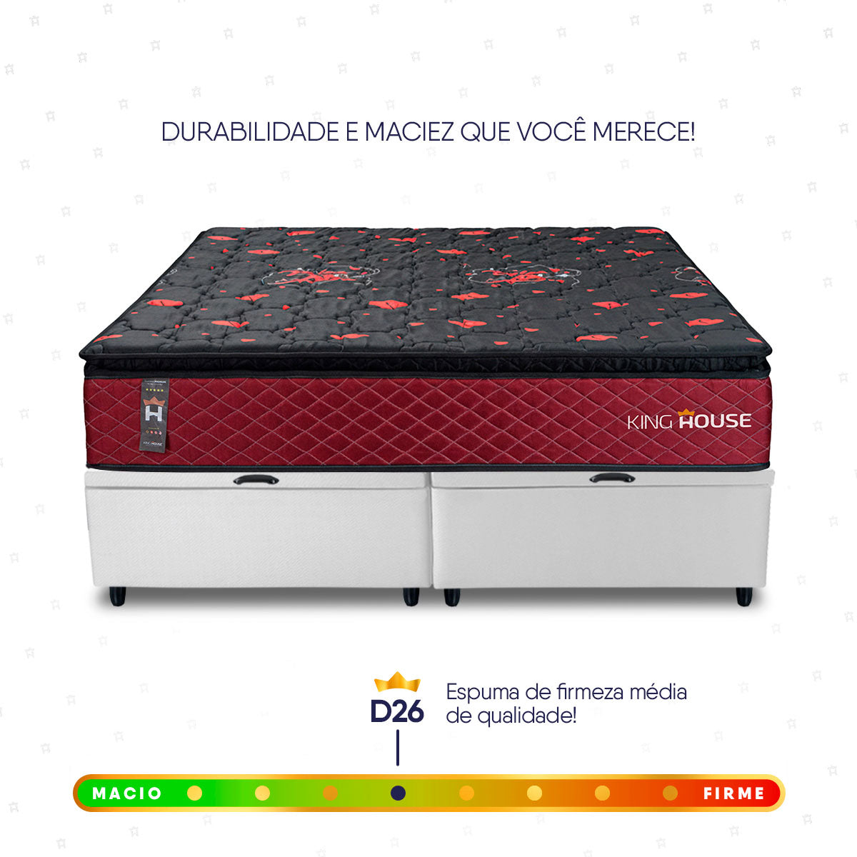 Cama Box Baú Toronto c/ Molas Ensacadas 193x203 Vermelho e Branco Espuma D26 Suporta 110 kg
