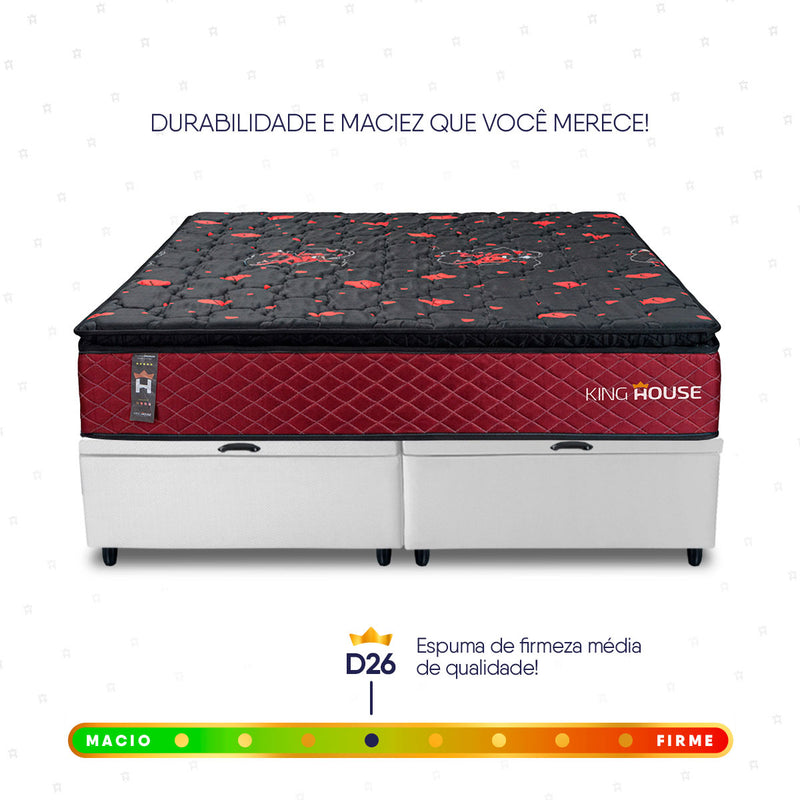 Cama Box Baú Toronto c/ Molas Ensacadas 193x203 Vermelho e Branco Espuma D26 Suporta 110 kg