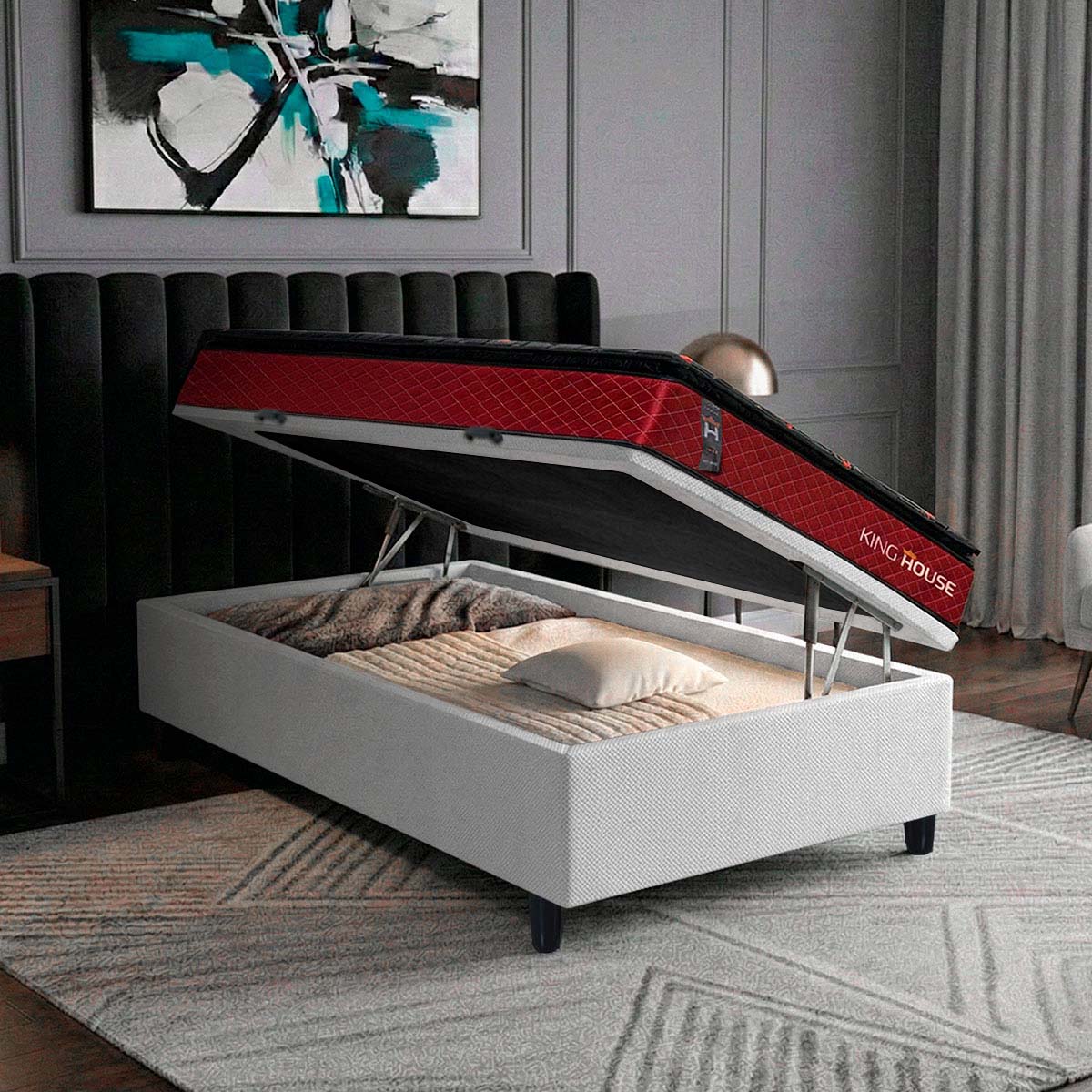 Cama Box Baú Toronto 88x188 Vermelho e Branco c/ Molas Ensacadas Espuma D26 Suporta 110 kg