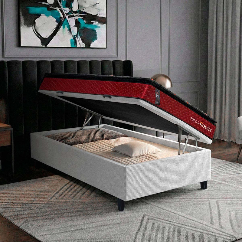 Cama Box Baú Toronto 88x188 Vermelho e Branco c/ Molas Ensacadas Espuma D26 Suporta 110 kg