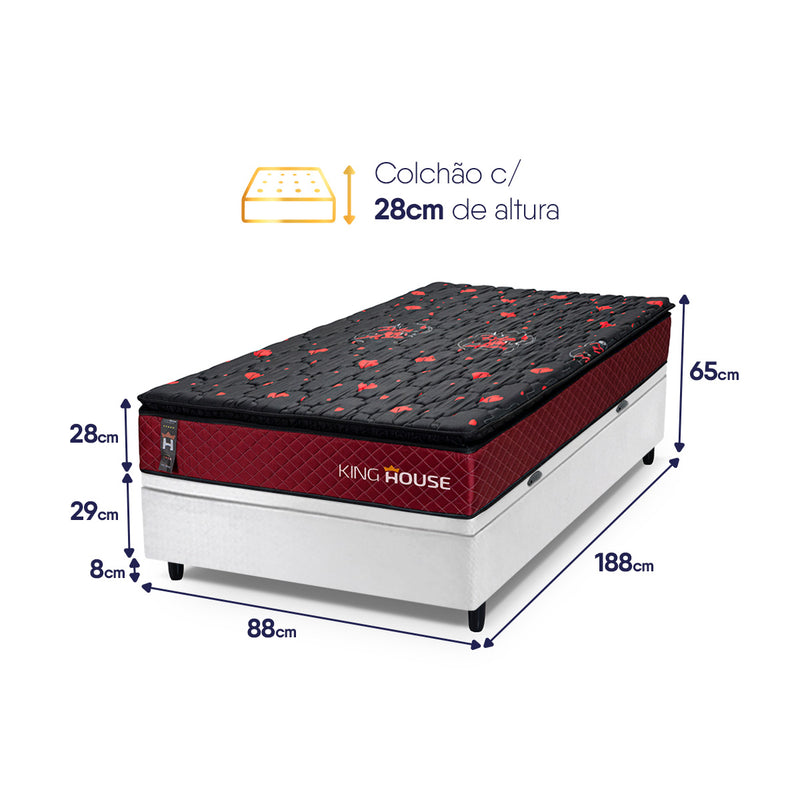 Cama Box Baú Toronto 88x188 Vermelho e Branco c/ Molas Ensacadas Espuma D26 Suporta 110 kg