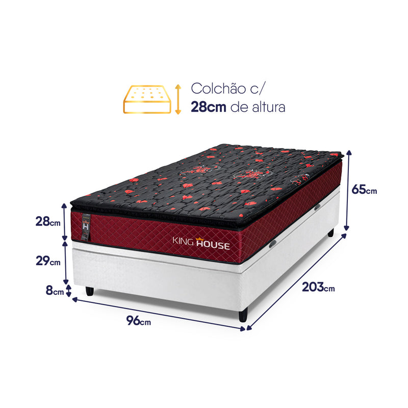 Cama Box Baú Toronto 96x203 Vermelho e Branco c/ Molas Ensacadas Espuma D26 Suporta 110 kg