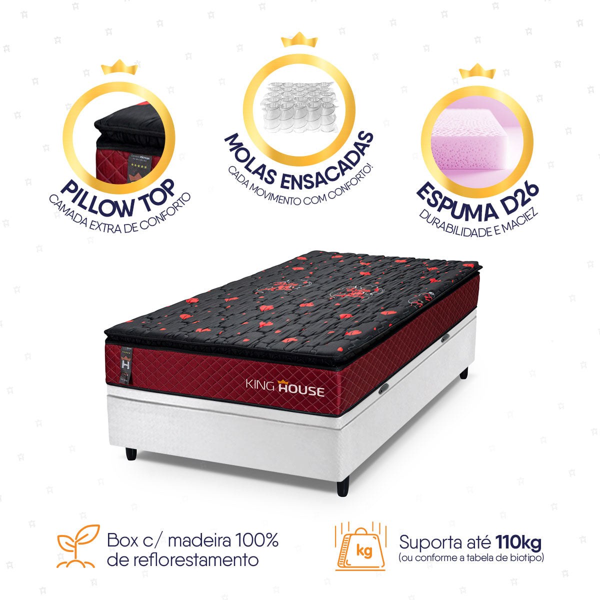 Cama Box Baú Toronto 96x203 Vermelho e Branco c/ Molas Ensacadas Espuma D26 Suporta 110 kg