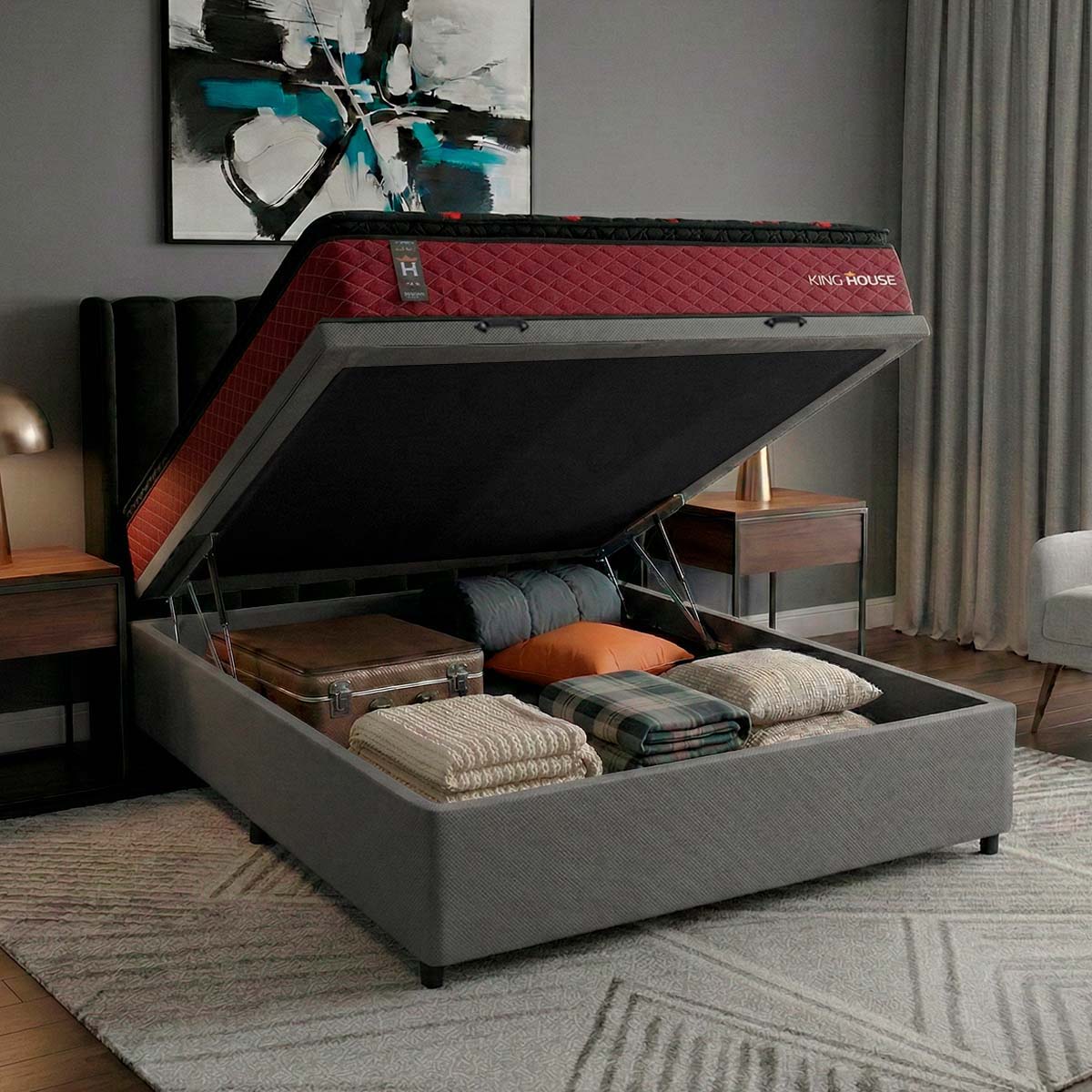 Cama Box Baú Toronto 138x188 Vermelho e Cinza c/ Molas Ensacadas Espuma D26 Suporta 110 kg