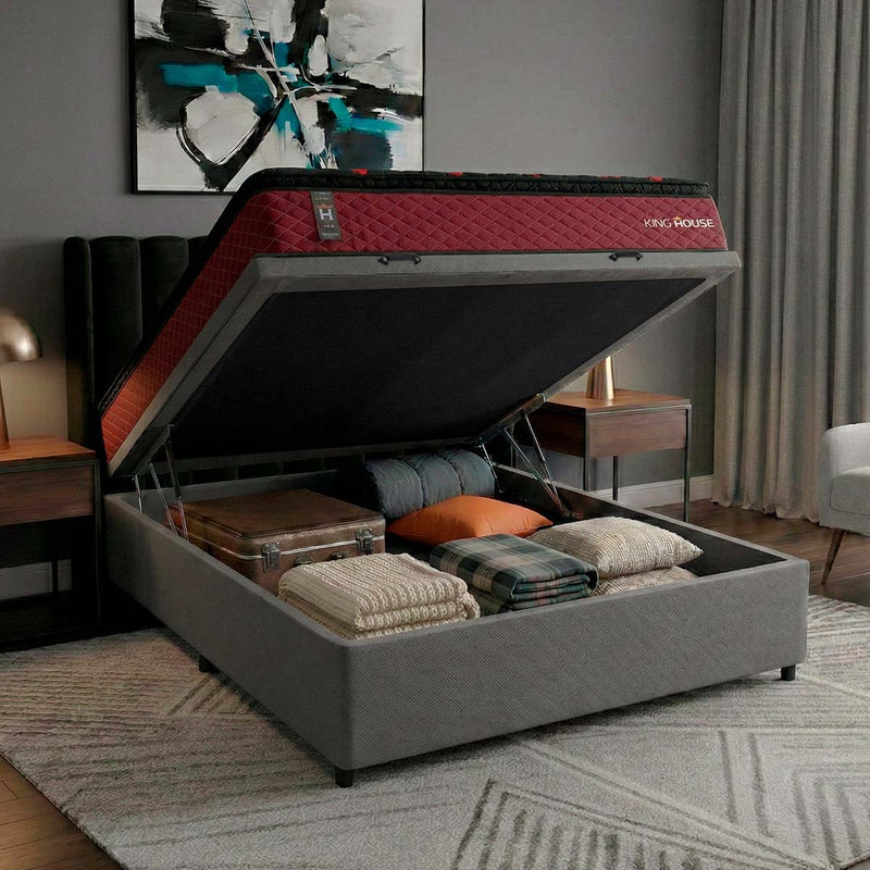 Cama Box Baú Toronto 138x188 Vermelho e Cinza c/ Molas Ensacadas Espuma D26 Suporta 110 kg