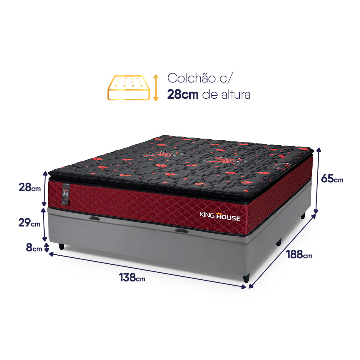 Cama Box Baú Toronto 138x188 Vermelho e Cinza c/ Molas Ensacadas Espuma D26 Suporta 110 kg