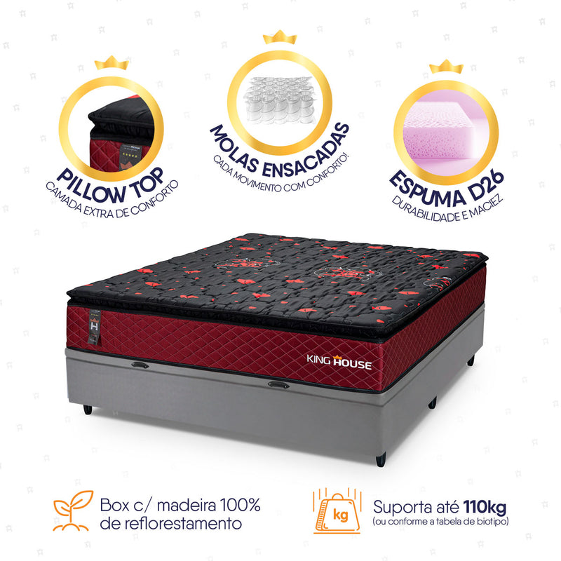 Cama Box Baú Toronto 138x188 Vermelho e Cinza c/ Molas Ensacadas Espuma D26 Suporta 110 kg