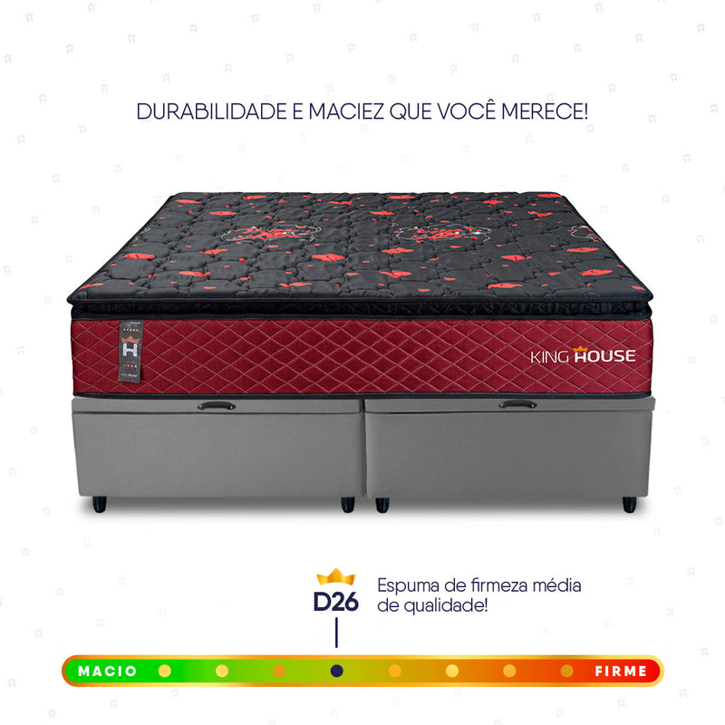 Cama Box Baú Toronto c/ Molas Ensacadas 158x198 Vermelho e Cinza Espuma D26 Suporta 110 kg