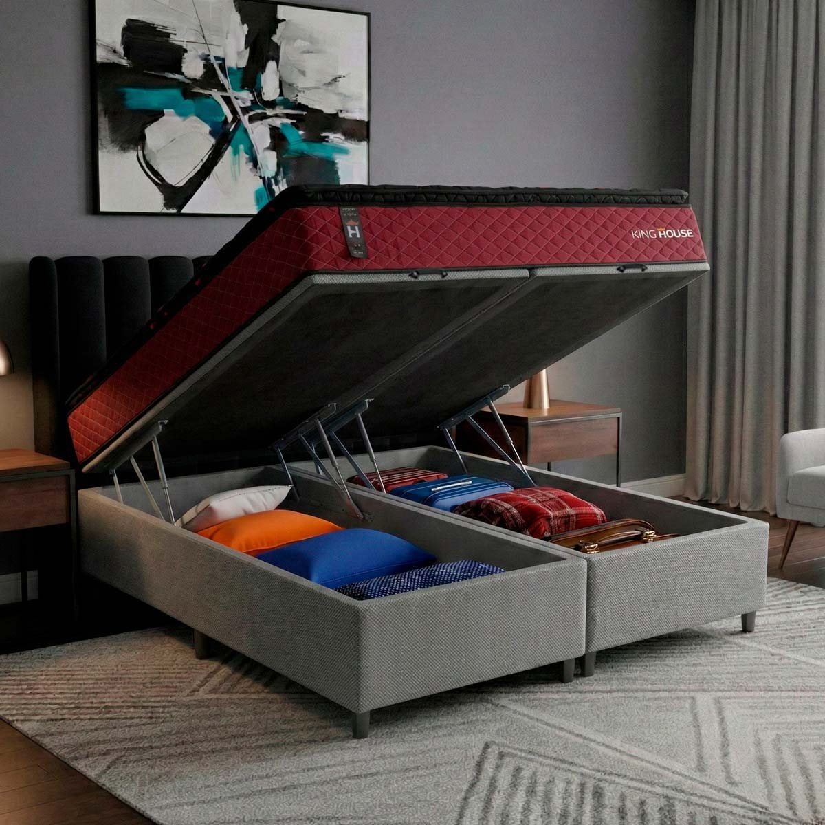 Cama Box Baú Toronto c/ Molas Ensacadas 193x203 Vermelho e Cinza Espuma D26 Suporta 110 kg