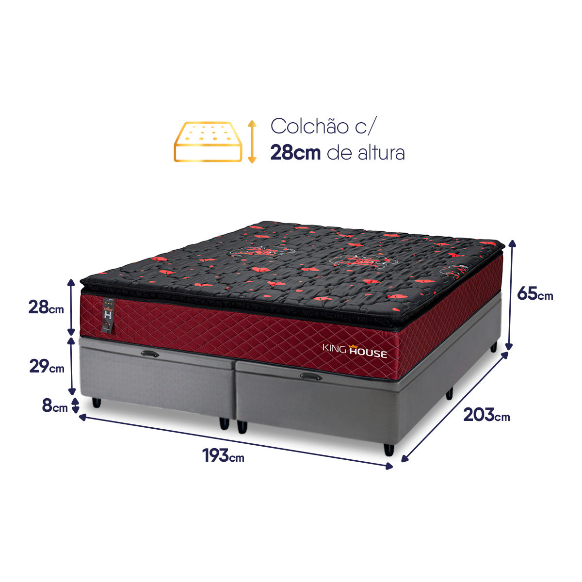 Cama Box Baú Toronto c/ Molas Ensacadas 193x203 Vermelho e Cinza Espuma D26 Suporta 110 kg