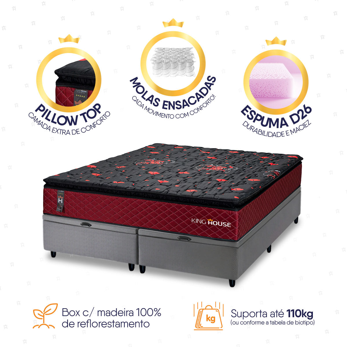 Cama Box Baú Toronto c/ Molas Ensacadas 193x203 Vermelho e Cinza Espuma D26 Suporta 110 kg