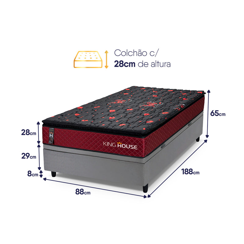 Cama Box Baú Toronto 88x188 Vermelho e Cinza c/ Molas Ensacadas Espuma D26 Suporta 110 kg