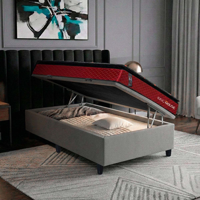 Cama Box Baú Toronto 96x203 Vermelho e Cinza c/ Molas Ensacadas Espuma D26 Suporta 110 kg