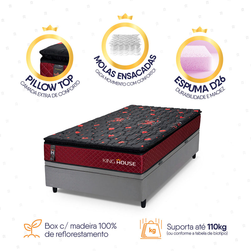 Cama Box Baú Toronto 96x203 Vermelho e Cinza c/ Molas Ensacadas Espuma D26 Suporta 110 kg