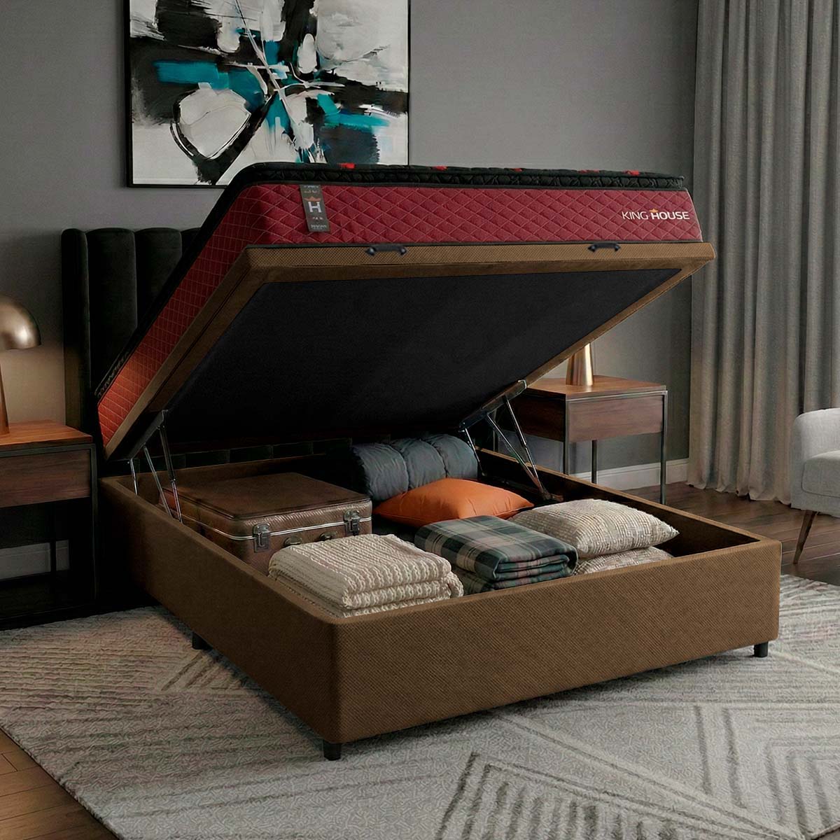 Cama Box Baú Toronto 138x188 Vermelho e Marrom c/ Molas Ensacadas Espuma D26 Suporta 110 kg