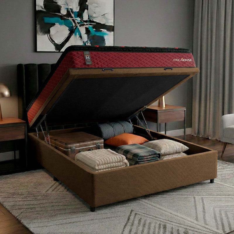 Cama Box Baú Toronto 138x188 Vermelho e Marrom c/ Molas Ensacadas Espuma D26 Suporta 110 kg