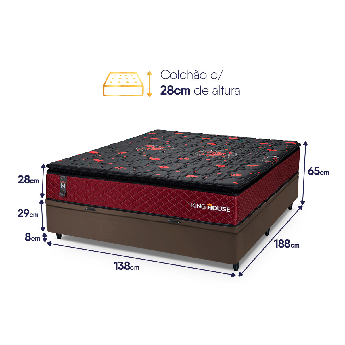 Cama Box Baú Toronto 138x188 Vermelho e Marrom c/ Molas Ensacadas Espuma D26 Suporta 110 kg