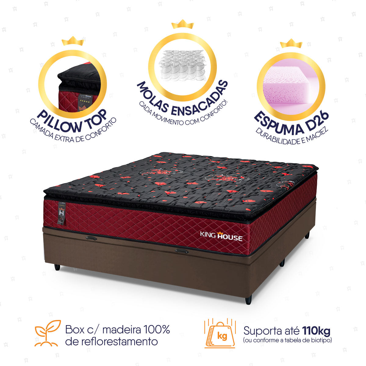 Cama Box Baú Toronto 138x188 Vermelho e Marrom c/ Molas Ensacadas Espuma D26 Suporta 110 kg