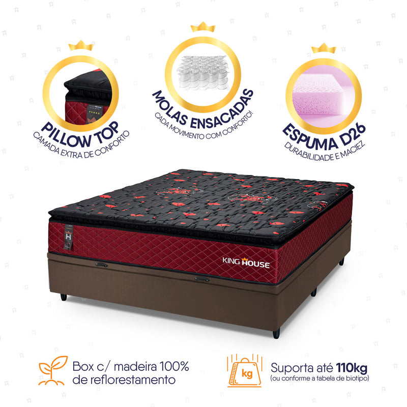 Cama Box Baú Toronto 138x188 Vermelho e Marrom c/ Molas Ensacadas Espuma D26 Suporta 110 kg