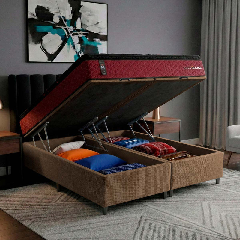 Cama Box Baú Toronto c/ Molas Ensacadas 158x198 Vermelho e Marrom Espuma D26 Suporta 110 kg