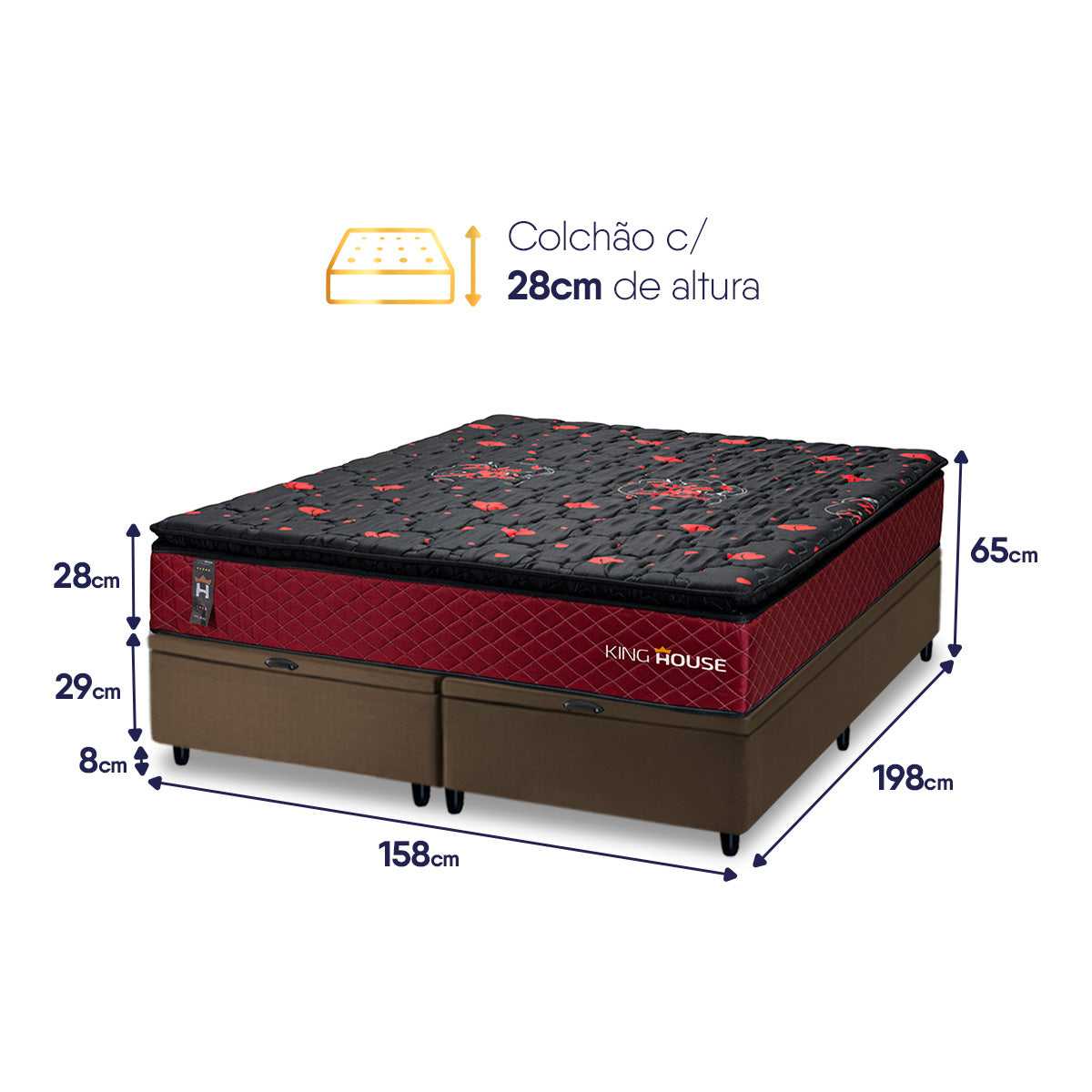 Cama Box Baú Toronto c/ Molas Ensacadas 158x198 Vermelho e Marrom Espuma D26 Suporta 110 kg