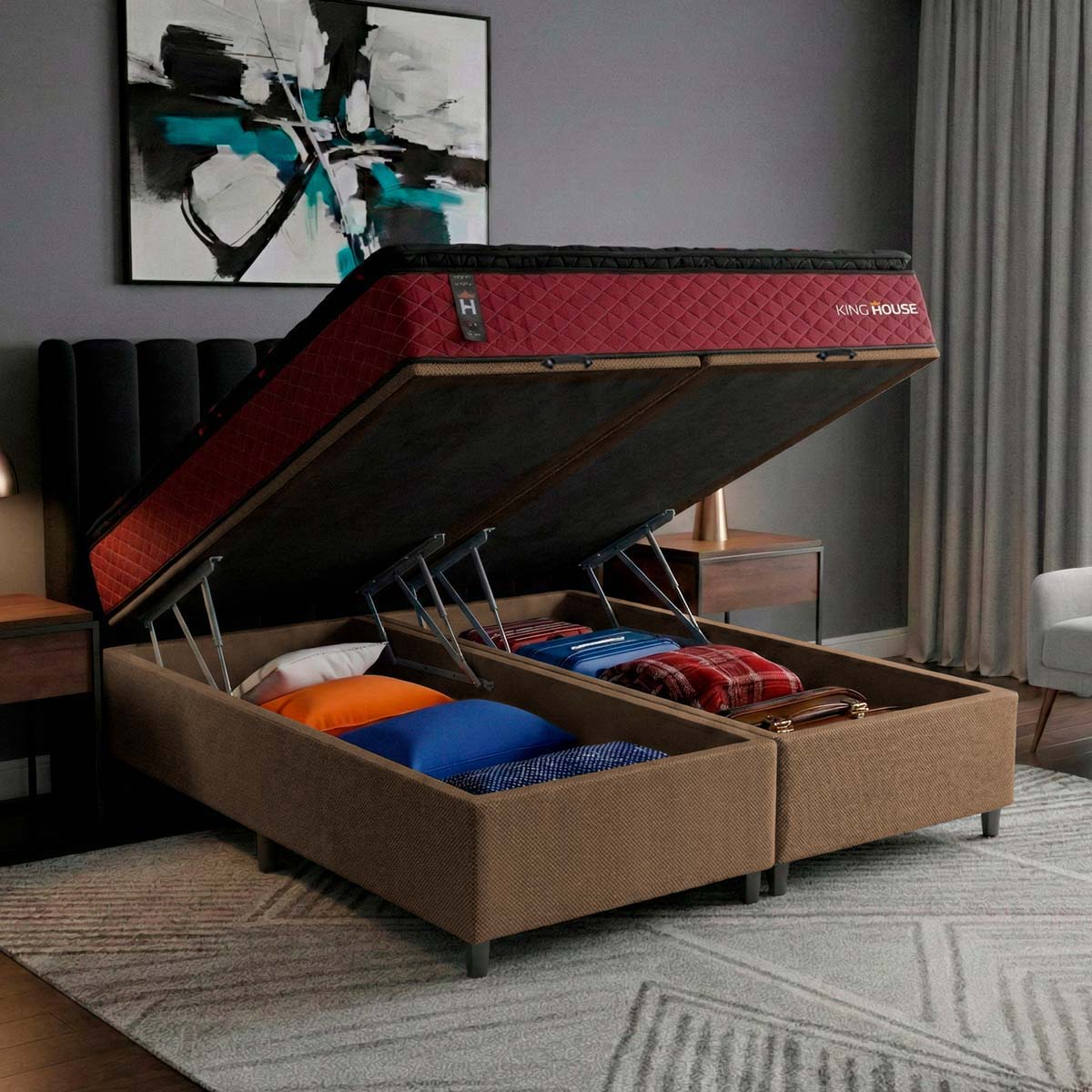 Cama Box Baú Toronto c/ Molas Ensacadas 193x203 Vermelho e Marrom Espuma D26 Suporta 110 kg