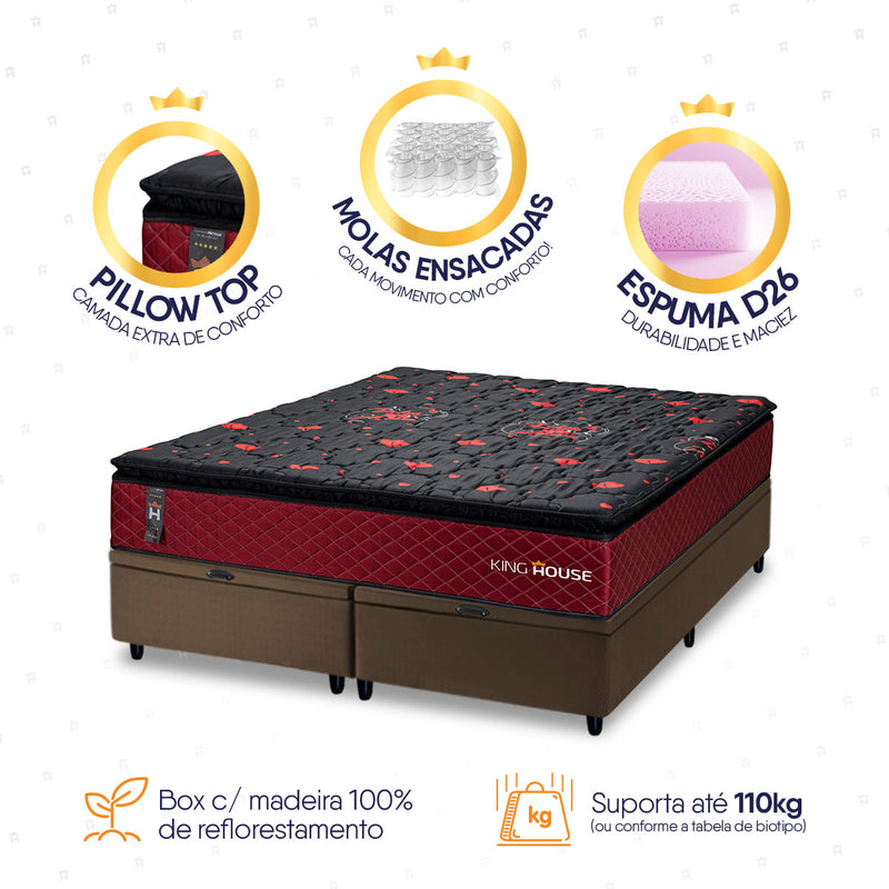 Cama Box Baú Toronto c/ Molas Ensacadas 193x203 Vermelho e Marrom Espuma D26 Suporta 110 kg