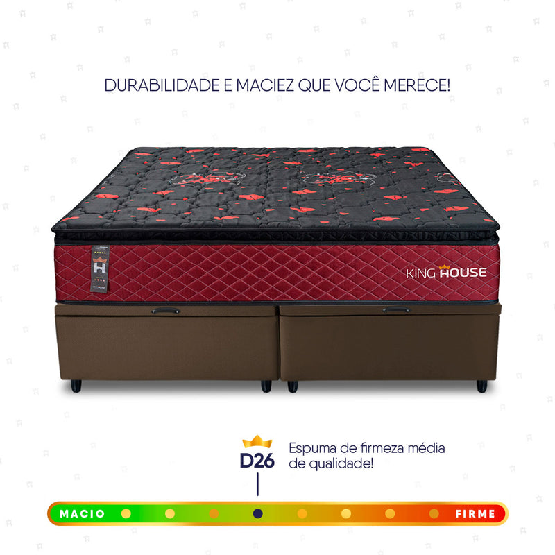 Cama Box Baú Toronto c/ Molas Ensacadas 193x203 Vermelho e Marrom Espuma D26 Suporta 110 kg