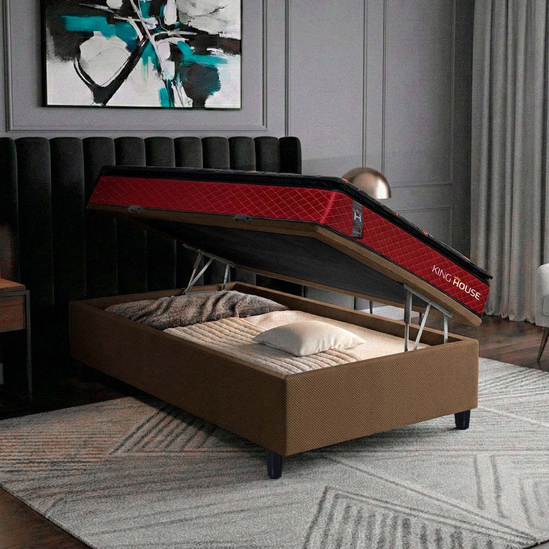 Cama Box Baú Toronto 88x188 Vermelho e Marrom c/ Molas Ensacadas Espuma D26 Suporta 110 kg