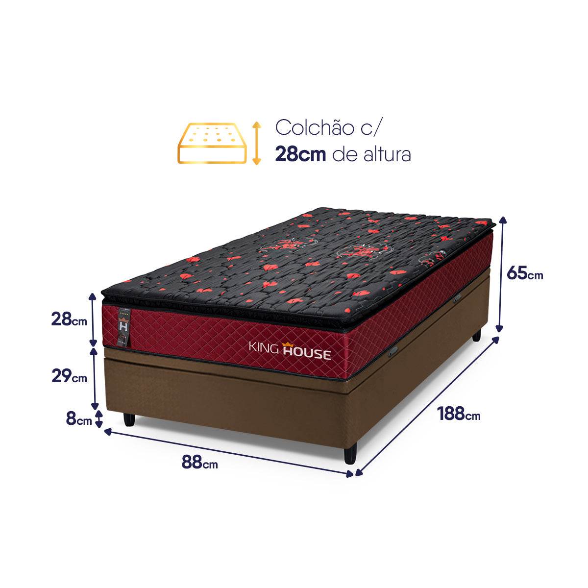 Cama Box Baú Toronto 88x188 Vermelho e Marrom c/ Molas Ensacadas Espuma D26 Suporta 110 kg