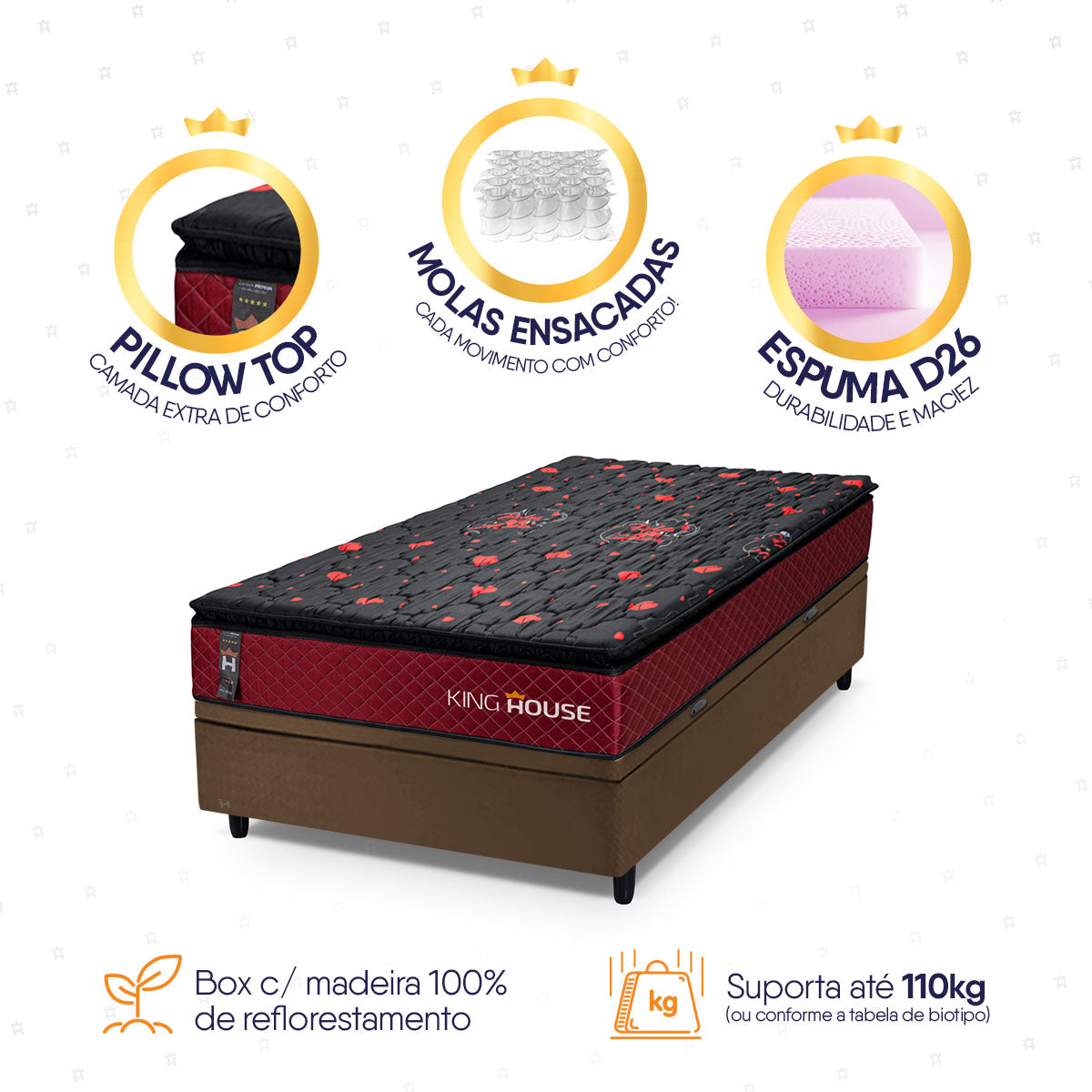 Cama Box Baú Toronto 88x188 Vermelho e Marrom c/ Molas Ensacadas Espuma D26 Suporta 110 kg