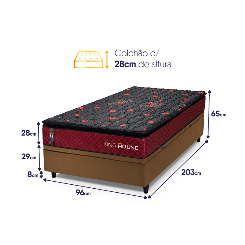 Cama Box Baú Toronto 96x203 Vermelho e Marrom c/ Molas Ensacadas Espuma D26 Suporta 110 kg