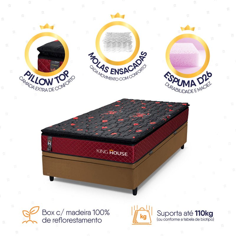 Cama Box Baú Toronto 96x203 Vermelho e Marrom c/ Molas Ensacadas Espuma D26 Suporta 110 kg