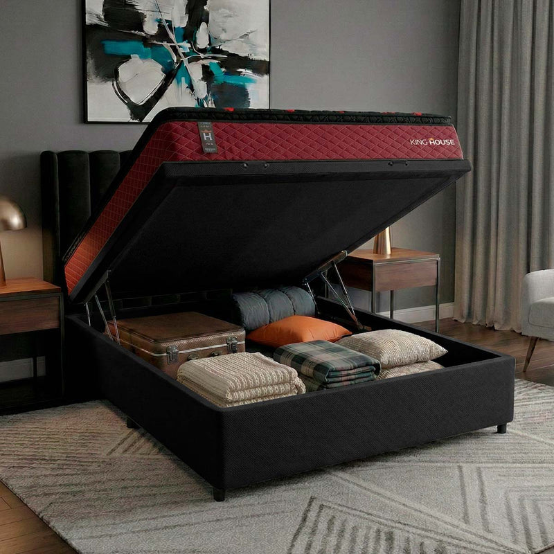 Cama Box Baú Toronto 138x188 Vermelho e Preto c/ Molas Ensacadas Espuma D26 Suporta 110 kg