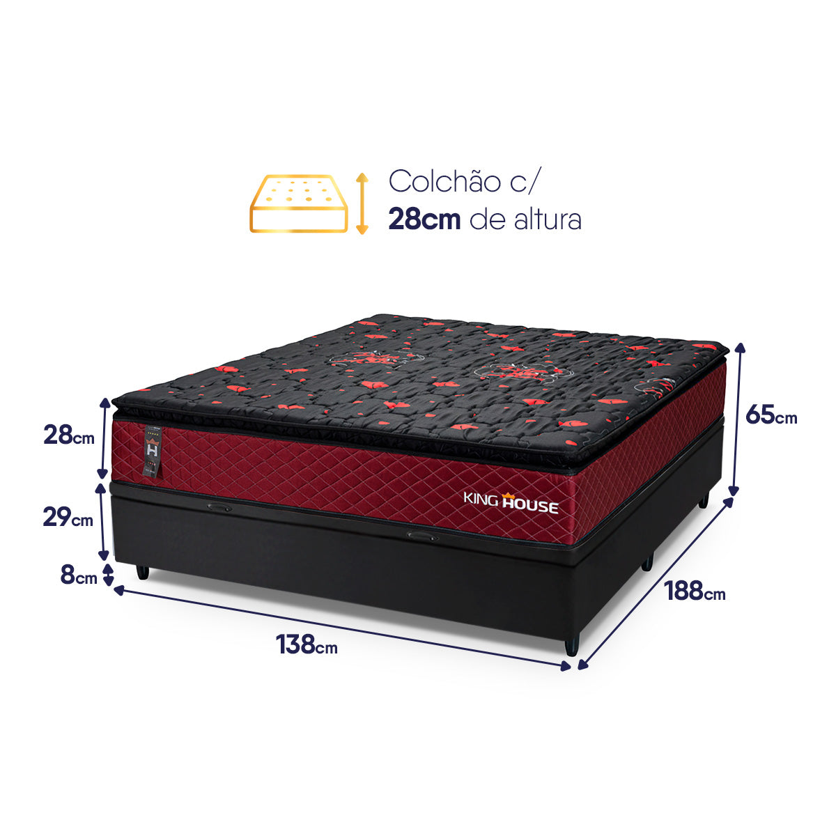 Cama Box Baú Toronto 138x188 Vermelho e Preto c/ Molas Ensacadas Espuma D26 Suporta 110 kg