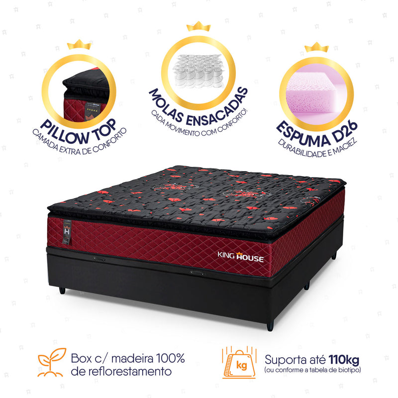 Cama Box Baú Toronto 138x188 Vermelho e Preto c/ Molas Ensacadas Espuma D26 Suporta 110 kg