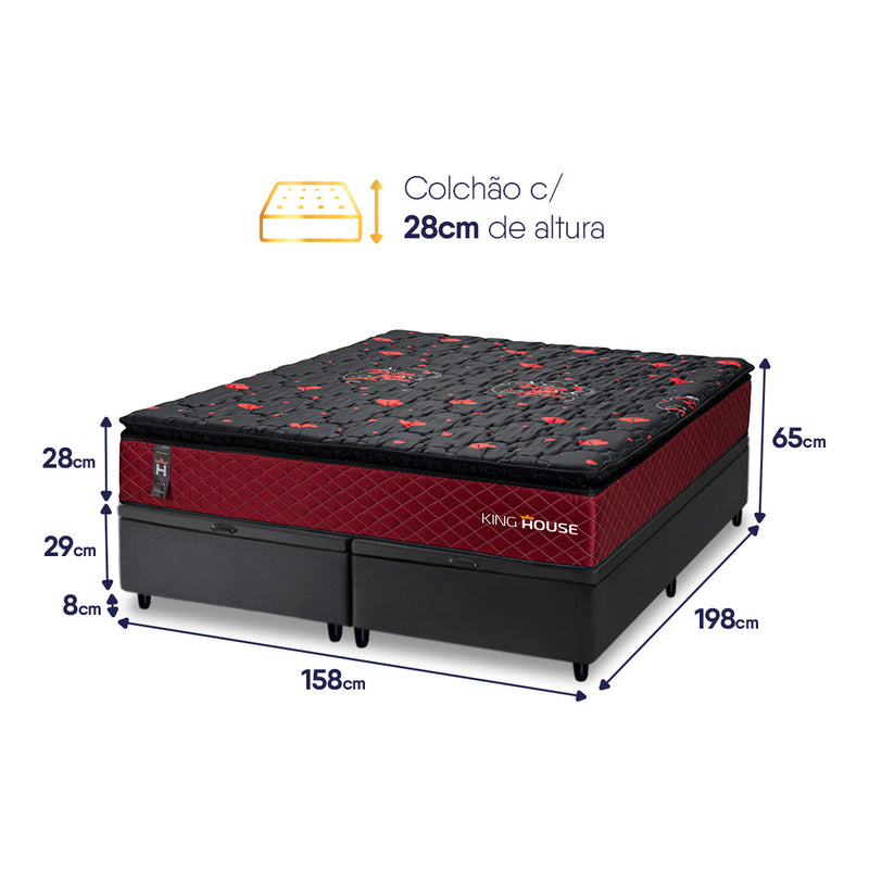 Cama Box Baú Toronto c/ Molas Ensacadas 158x198 Vermelho e Preto Espuma D26 Suporta 110 kg