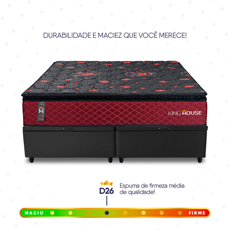 Cama Box Baú Toronto c/ Molas Ensacadas 158x198 Vermelho e Preto Espuma D26 Suporta 110 kg