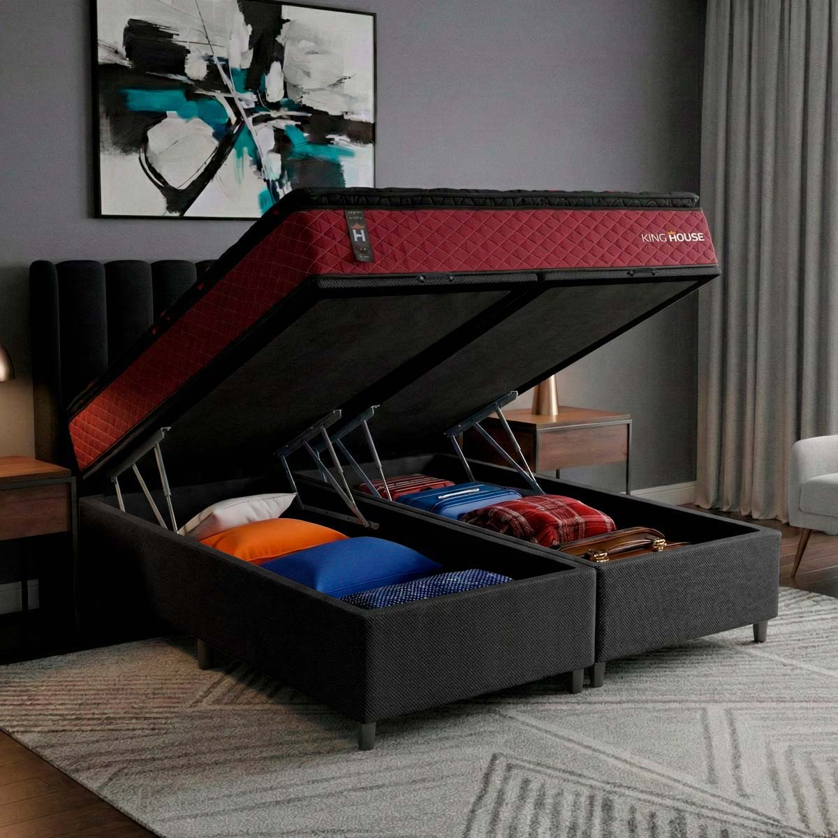 Cama Box Baú Toronto c/ Molas Ensacadas 193x203 Vermelho e Preto Espuma D26 Suporta 110 kg