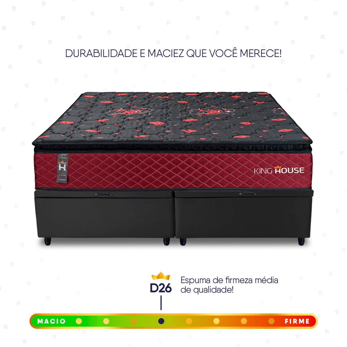 Cama Box Baú Toronto c/ Molas Ensacadas 193x203 Vermelho e Preto Espuma D26 Suporta 110 kg