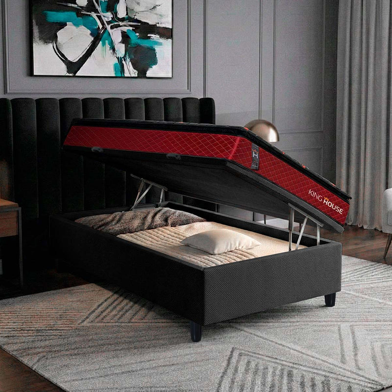 Cama Box Baú Toronto 88x188 Vermelho e Preto c/ Molas Ensacadas Espuma D26 Suporta 110 kg