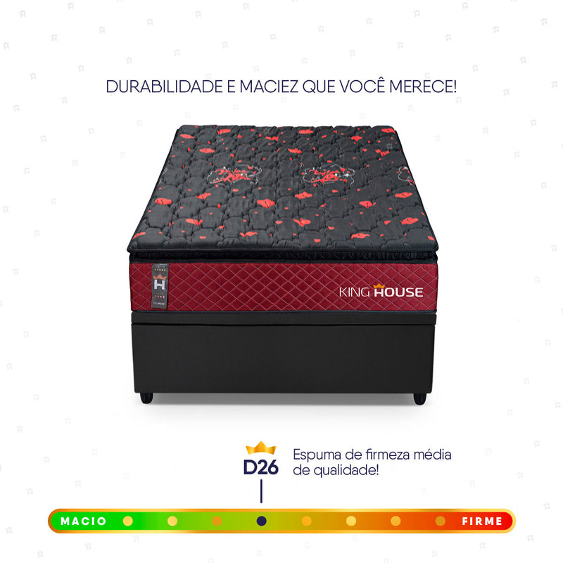 Cama Box Baú Toronto 88x188 Vermelho e Preto c/ Molas Ensacadas Espuma D26 Suporta 110 kg
