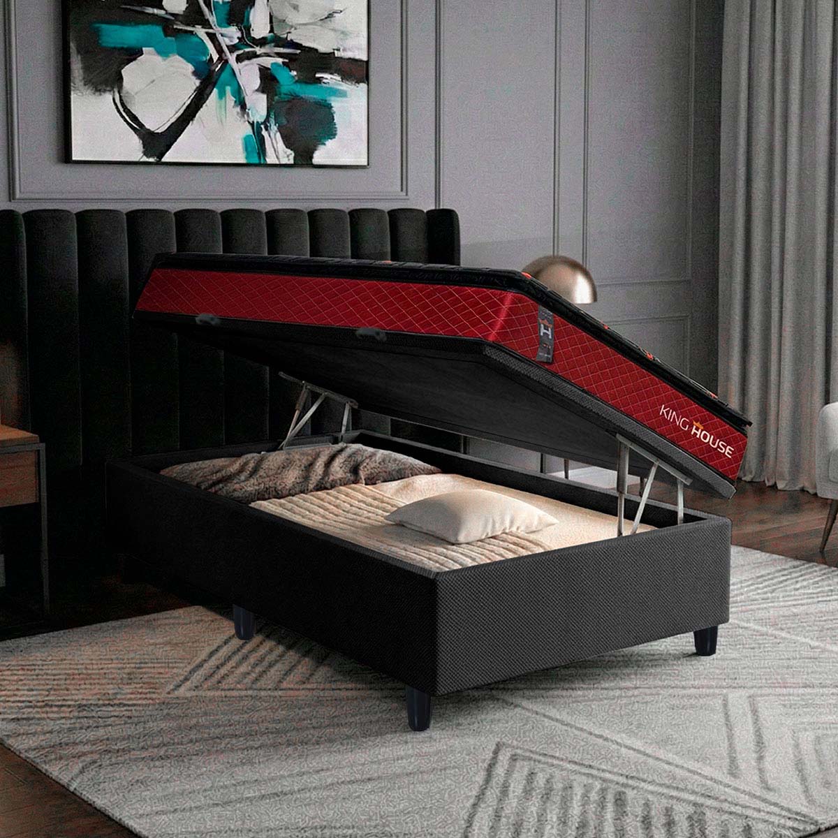 Cama Box Baú Toronto 96x203 Vermelho e Preto c/ Molas Ensacadas Espuma D26 Suporta 110 kg