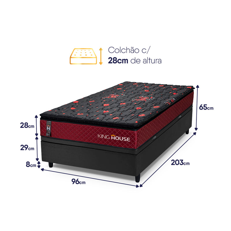 Cama Box Baú Toronto 96x203 Vermelho e Preto c/ Molas Ensacadas Espuma D26 Suporta 110 kg