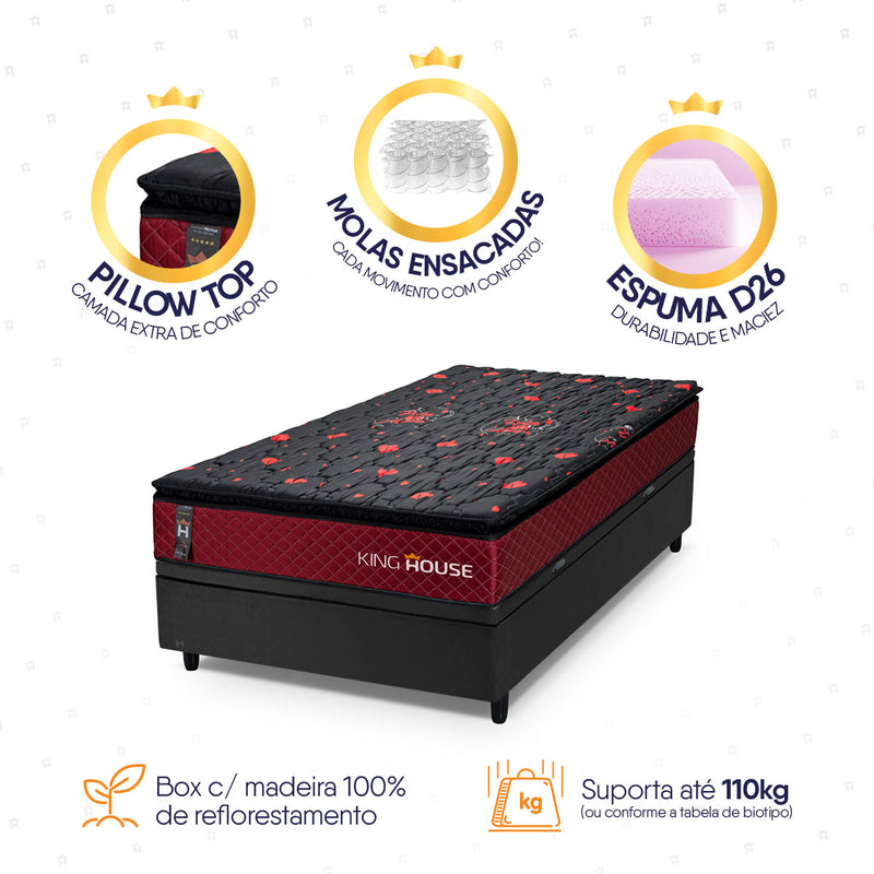 Cama Box Baú Toronto 96x203 Vermelho e Preto c/ Molas Ensacadas Espuma D26 Suporta 110 kg