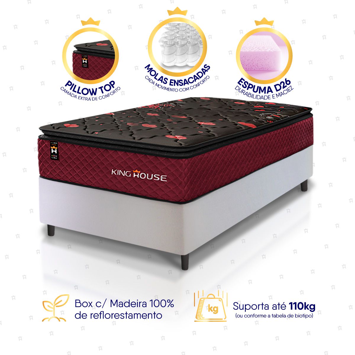 Cama Box Molas Ensacadas Toronto Solteiro 88x188 Branco Espuma D26 Suporta 120 Kg Por Pessoa