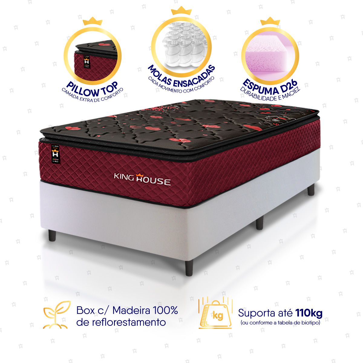 Cama Box Molas Ensacadas Toronto Solteirão 96x203 Branco Espuma D26 Suporta 120 Kg Por Pessoa